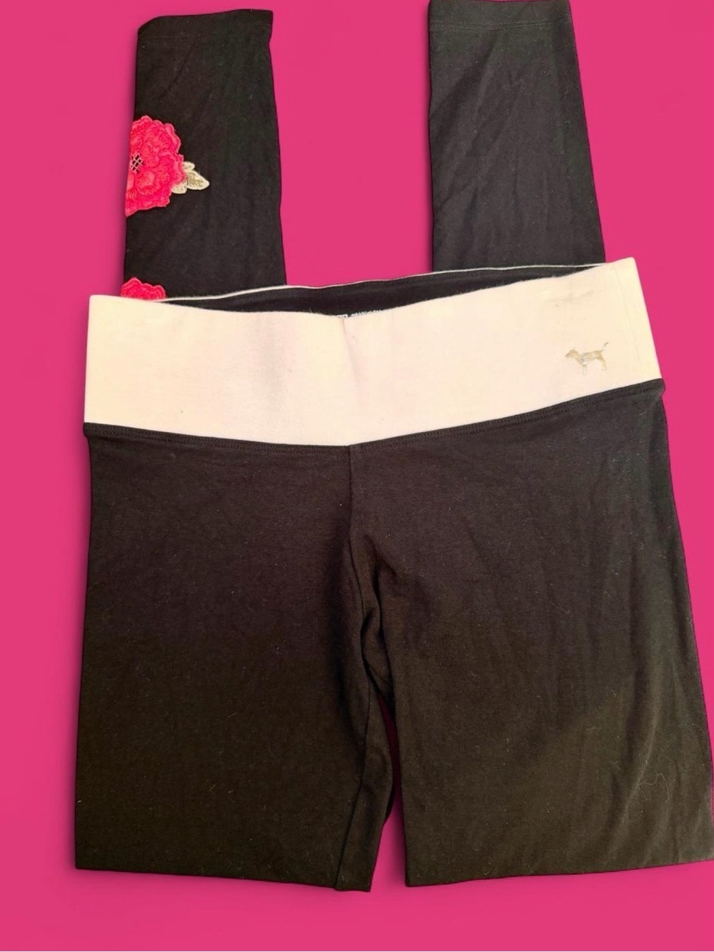PINK Victoria's Secret Black Foldover Waist Leggings with Pink Floral Accent